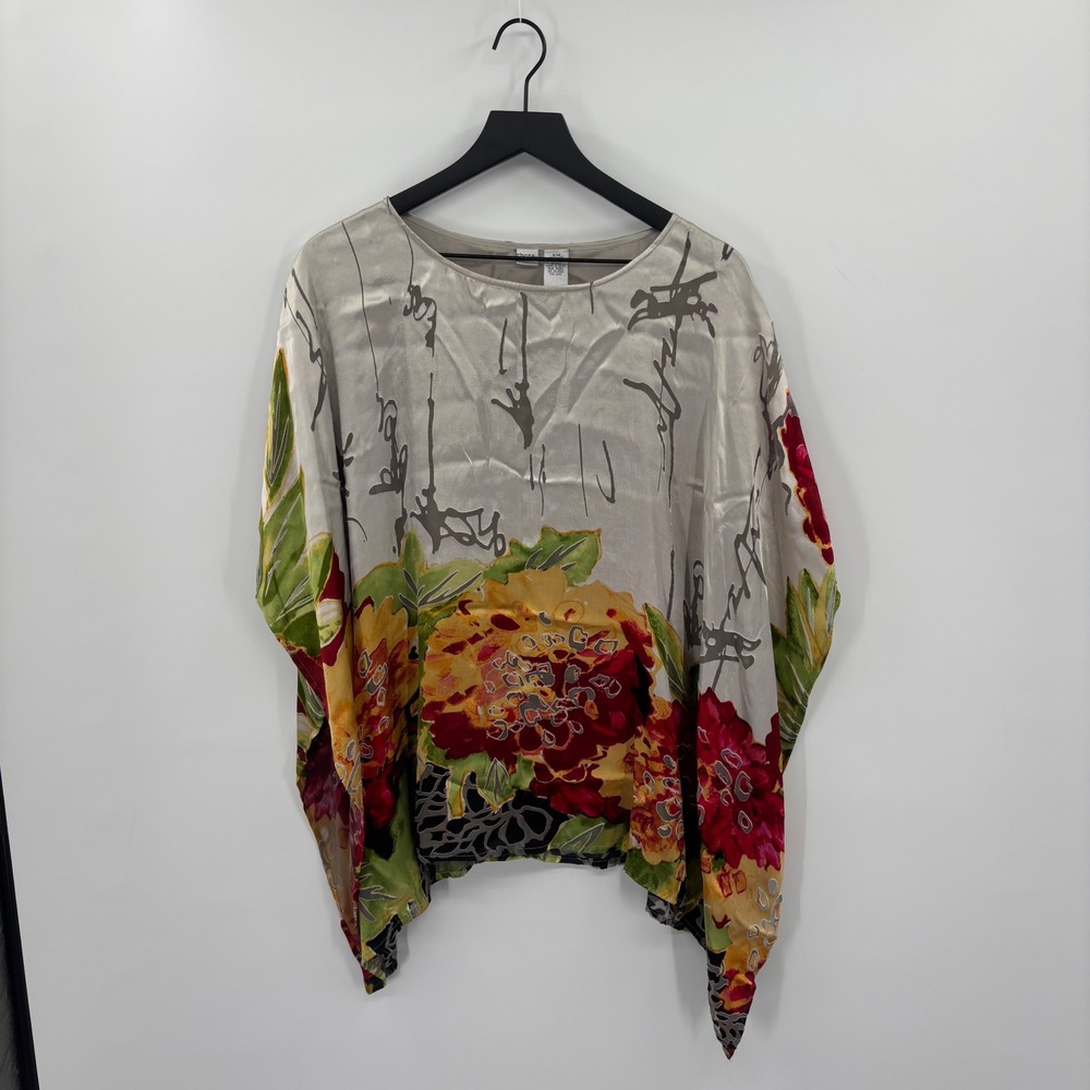 Chicos Silk Blend Floral Poncho Top Red‎ Yellow Small Medium Art to Wear Kaftan